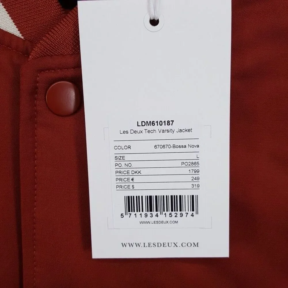 LES DEUX Varsity Jacket Mens Large Red Orange Stripe Tech Quilted Lining $319